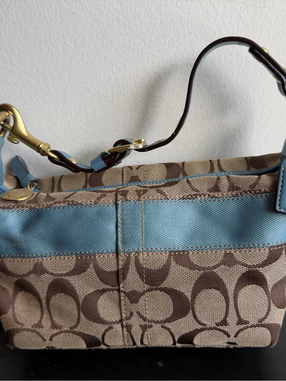 Vintage Y2K Coach 11206 Signature Stripe Demi Shoulder Bag Baby Blue 2007